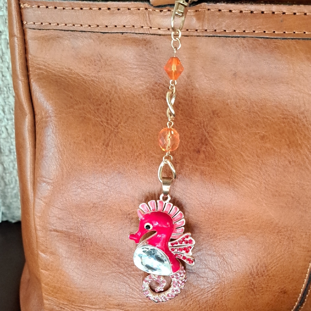 Hand Crafted Seahorse Keychain Bag Jewelry with Red and Pink Accents